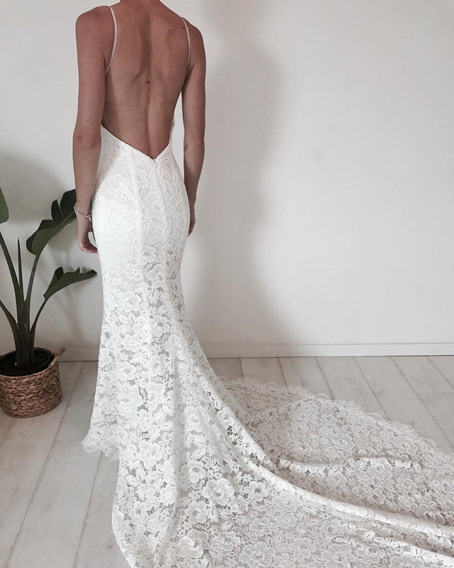 Trumpet /Mermaid V-Neck Backless Lace Wedding Dresses