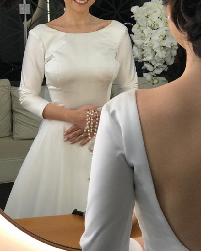 Tulle and Satin Bow Back Wedding Dresses with Sleeves Tulle and Satin Bow Back Wedding Dresses with Sleeves