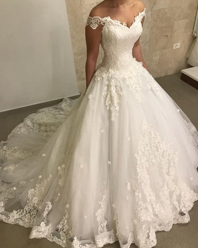Tulle Ball Gown Off Shoulder Wedding Dresses Lace Embroidery-alinanova