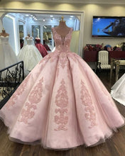 Load image into Gallery viewer, Tulle Ball Gown V Neck Quinceanera Dresses Lace Embroidery
