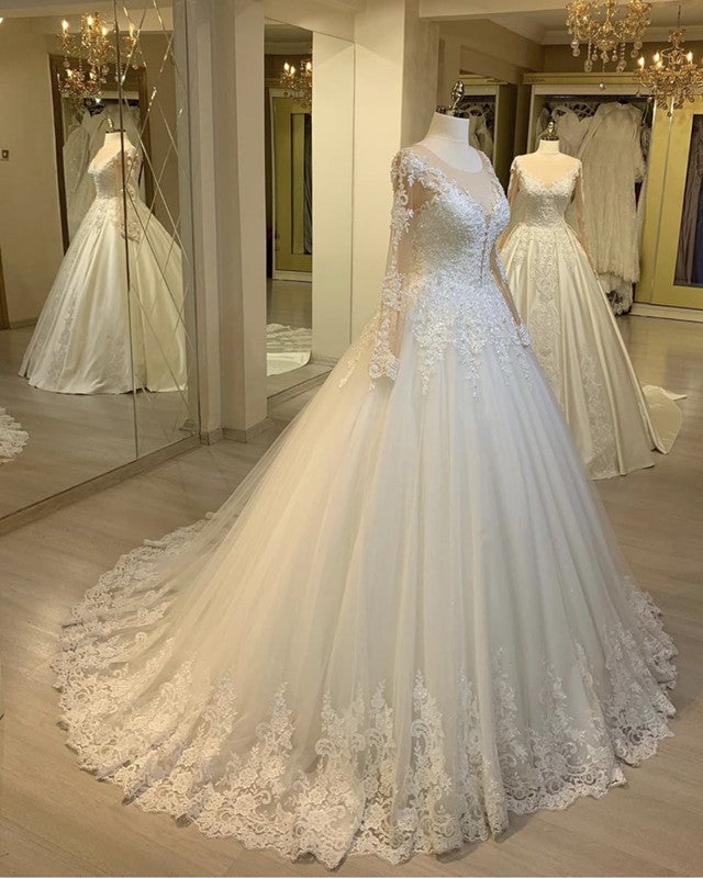 Vintage Wedding Dresses Tulle Ball Gown Lace Long Sleeves – alinanova