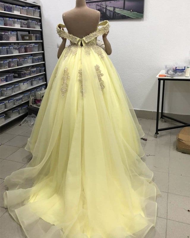 yellow off the shoulder quince dress Tulle Off Shoulder Ball Gown Lace Embroidery Quinceanera Dresses