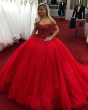 Load image into Gallery viewer, Tulle Princess Ball Gown Dresses Crystal Beaded Off The Shoulder
