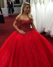 Load image into Gallery viewer, Tulle Princess Ball Gown Dresses Crystal Beaded Off The Shoulder
