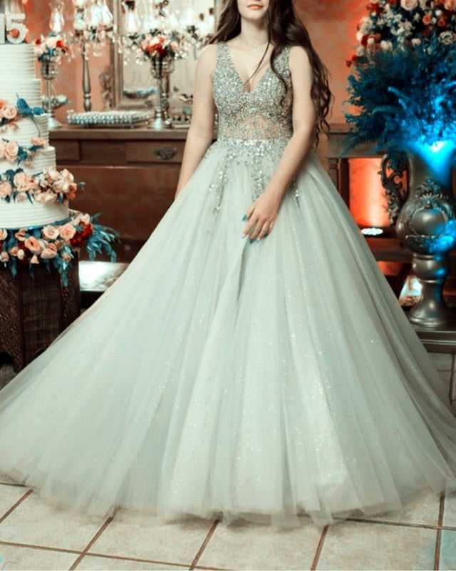 Tulle Prom Dresses Ball Gown Beaded V Neck alinanova Tulle Prom Dresses Ball Gown Beaded V Neck alinanova