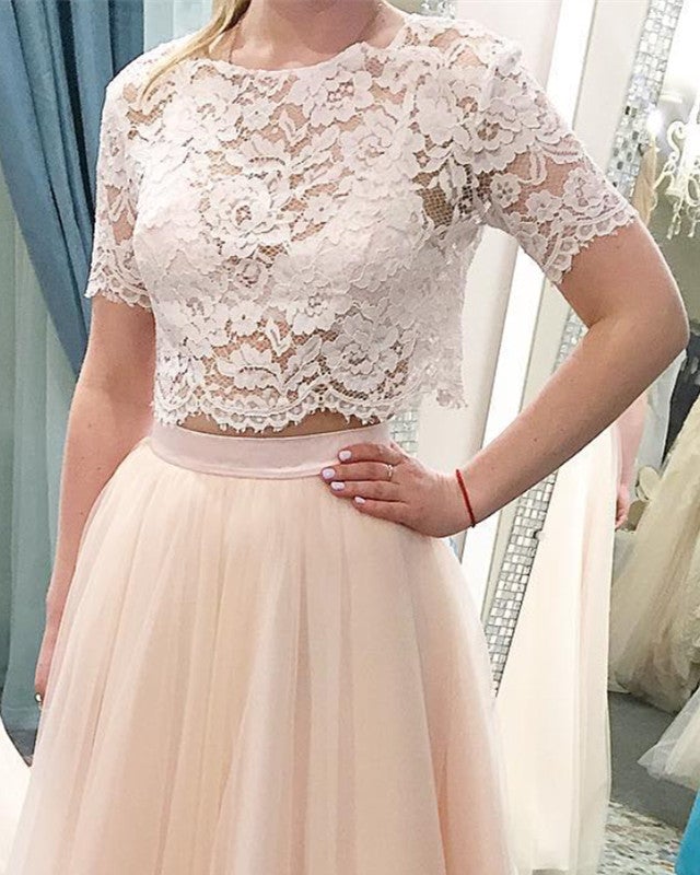Tulle Prom Dresses Two Piece Lace Crop