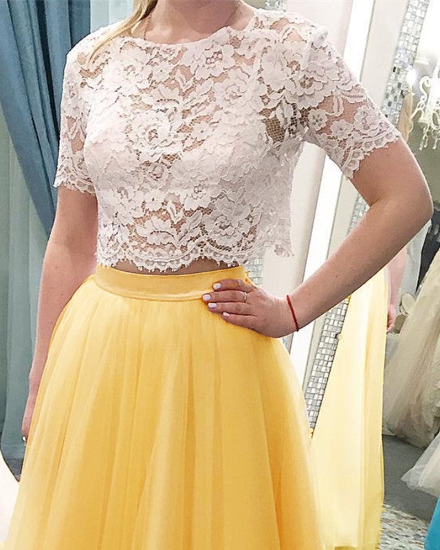 Tulle Prom Dresses Two Piece Lace Crop