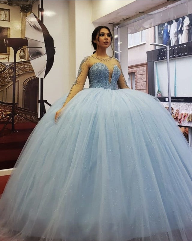 Tulle Quinceanera Dresses Ball Gown Sheer Long Sleeves-alinanova