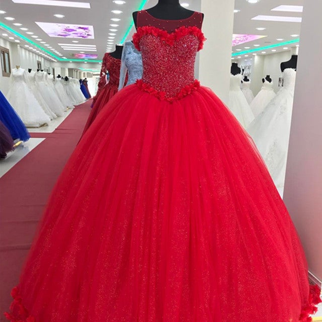 Tulle Scoop Neck Crystal Beaded Bodice Ball Gowns Flower Wedding Dresses-alinanova