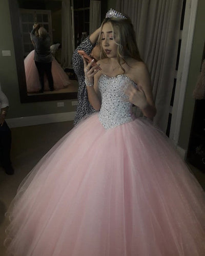 Pink Quinceanera Dress Tulle Ball Gown Crystal Beaded Sweetheart