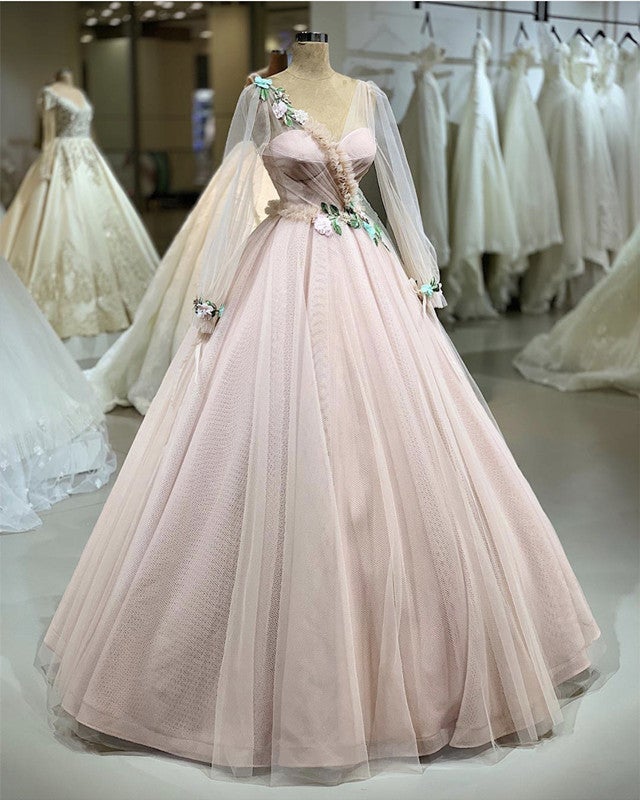 Tulle V Neck Long Sleeves Ball Gown With 3D Flowers-alinanova