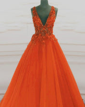Load image into Gallery viewer, Tulle V Neck Orange Ball Gown Prom Dresses
