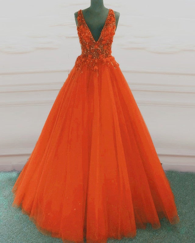Tulle V Neck Orange Ball Gown Prom Dresses-alinanova