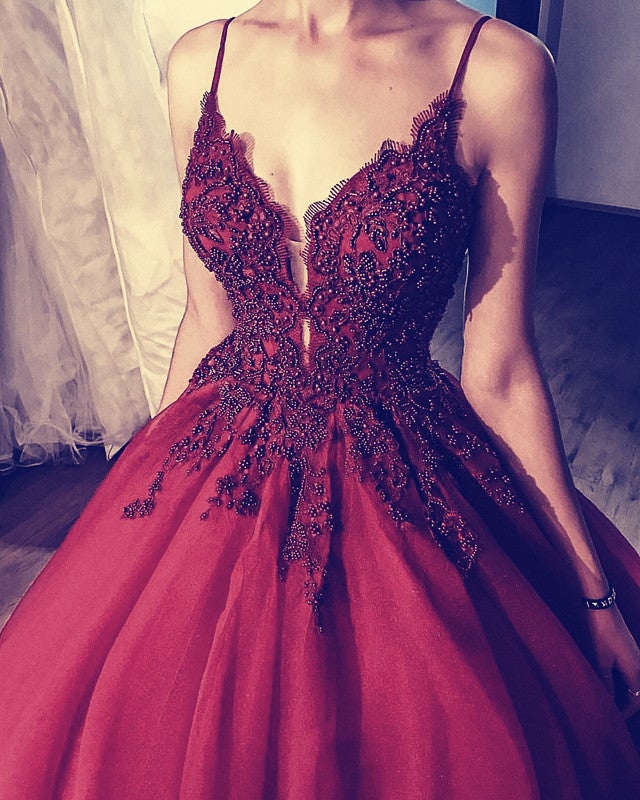 Tulle Prom Dresses Ball Gown Appliques Beaded V Neck – alinanova