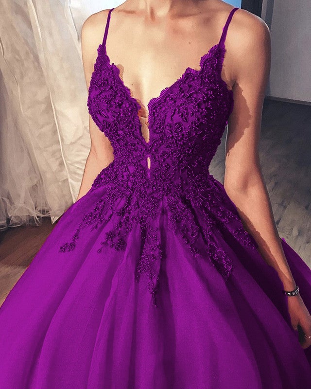 Tulle V Neck Prom Dresses Appliques Beaded Ball Gown Tulle V Neck Prom Dresses Appliques Beaded Ball Gown