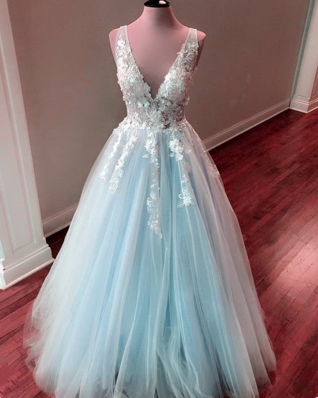 Light Blue Tulle Prom Dresses