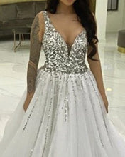 Load image into Gallery viewer, Tulle V Neck Wedding Dress With Sparkles
