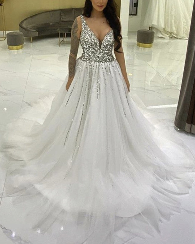 Tulle V Neck Wedding Dress With Sparkles Tulle V Neck Wedding Dress With Sparkles