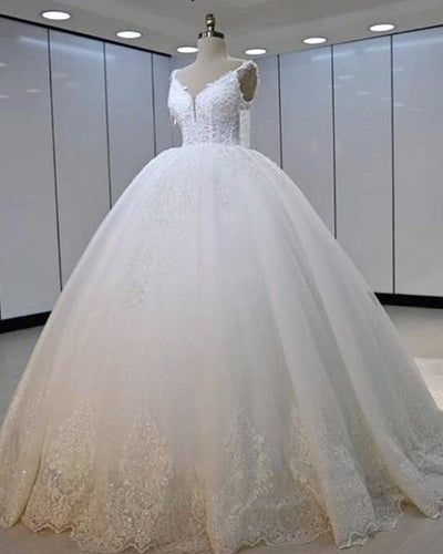 Tulle Wedding Dress Ball Gown Deep V Neck Lace Appliques-alinanova