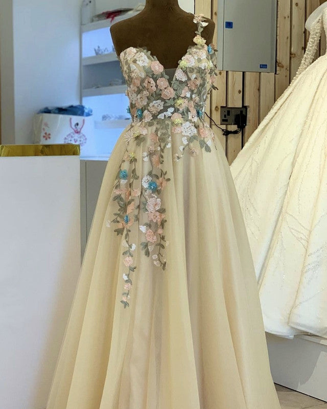 evening dresses with flowers Tulle Floor Length Dress One Shoulder 3D Embroidery P26610S051 Blue dress aesthetic royal open back Size:14.5 / 35