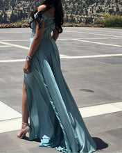Load image into Gallery viewer, Elegant Turquoise Blue Prom Dresses Satin Split Lace Off Shoulder
