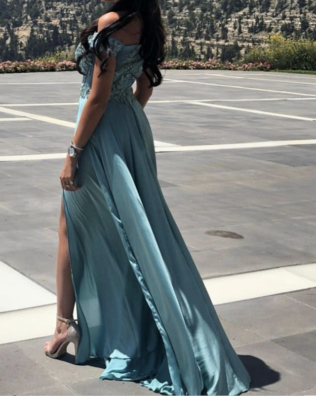 Elegant Turquoise Blue Prom Dresses Satin Split Lace Off Shoulder Elegant Turquoise Blue Prom Dresses Satin Split Lace Off Shoulder