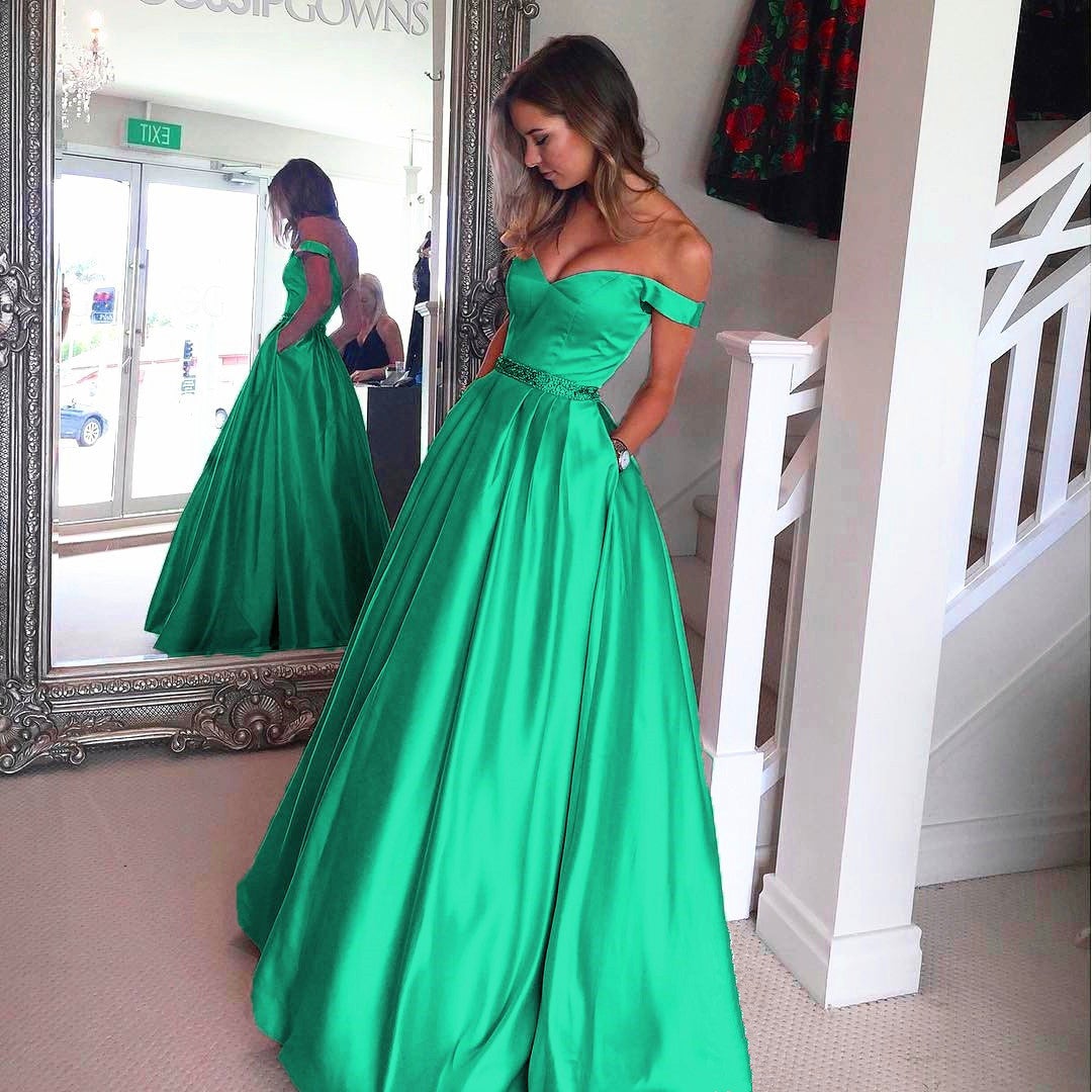 Turquoise Blue Satin Long Evening Prom Dresses Ball Gowns alinanova Turquoise Blue Satin Long Evening Prom Dresses Ball Gowns alinanova