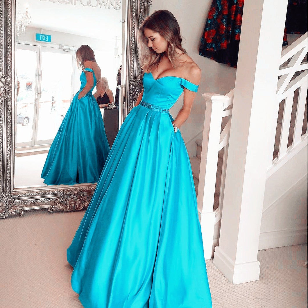 Turquoise Blue Satin Long Evening Prom Dresses Ball Gowns 2017-alinanova