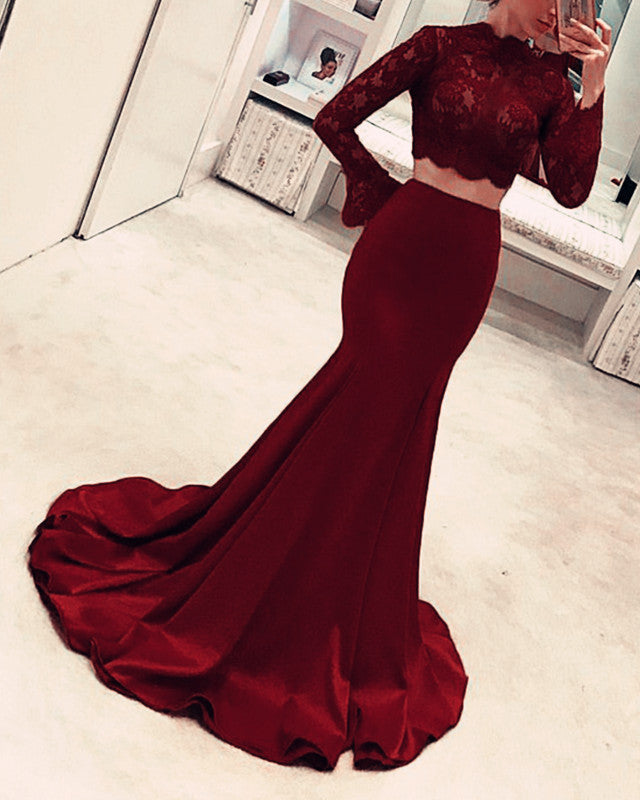 Two Piece Mermaid Prom Dresses Lace Long Sleeves