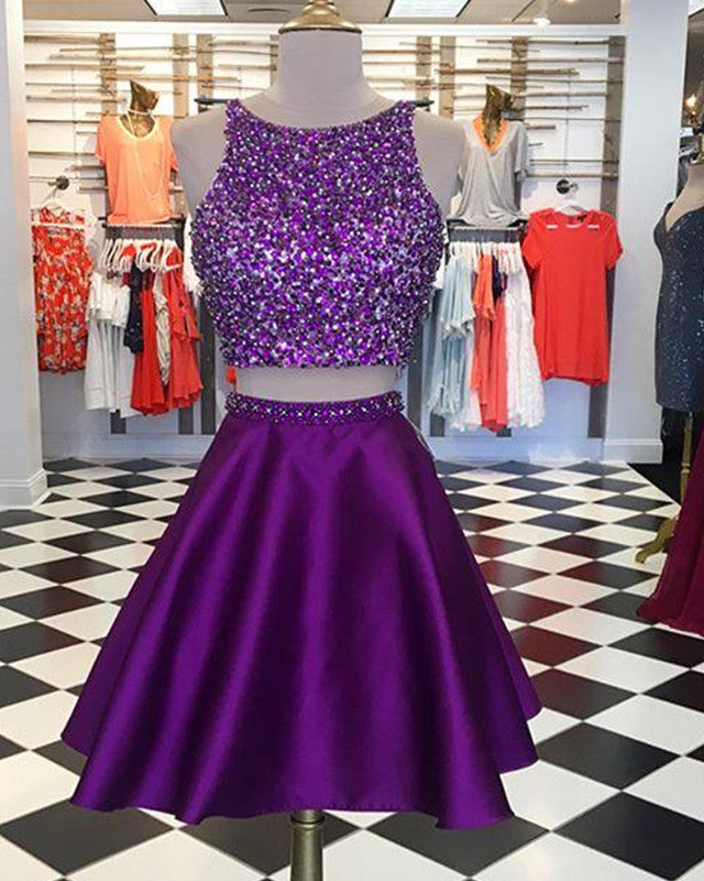 Two Piece Homecoming Dresses Open Back Prom Gowns Crystal Beads