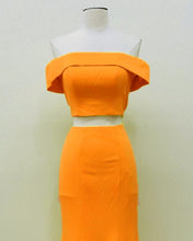 Load image into Gallery viewer, Two Piece Orange Prom Dresses Mermaid Off Shoulder
