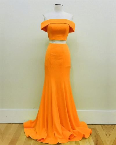 Two Piece Orange Prom Dresses Mermaid Off Shoulder-alinanova