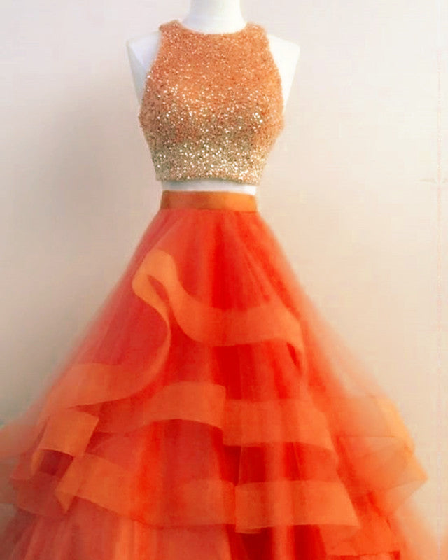 Two Piece Orange Prom Ball Gown