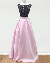 Load image into Gallery viewer, Black Lace Beaded Two Piece Satin Prom Dresses-alinanova
