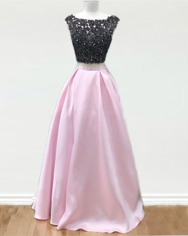 Black Lace Beaded Two Piece Satin Prom Dresses-alinanova