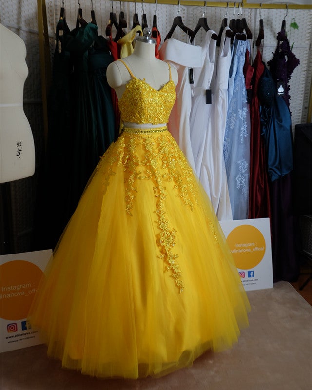yellow two piece homecoming dress Mermaid 2 piece Sequins Prom Dress Yellow Sweetheart with Split Yellow / US2
