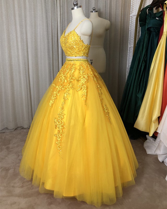 light yellow two piece prom dress Two-Piece Yellow Prom Dress: A-Line, V-Neck, Backless with Slit, Short  Homecoming