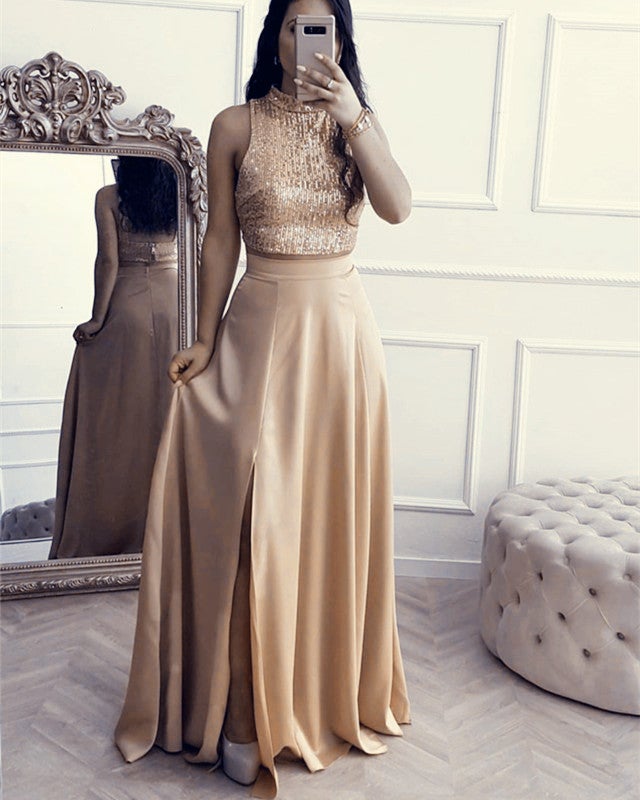 Two Piece Prom Dresses Sequins High Neck Split Skirt Two Piece Prom Dresses Sequins High Neck Split Skirt