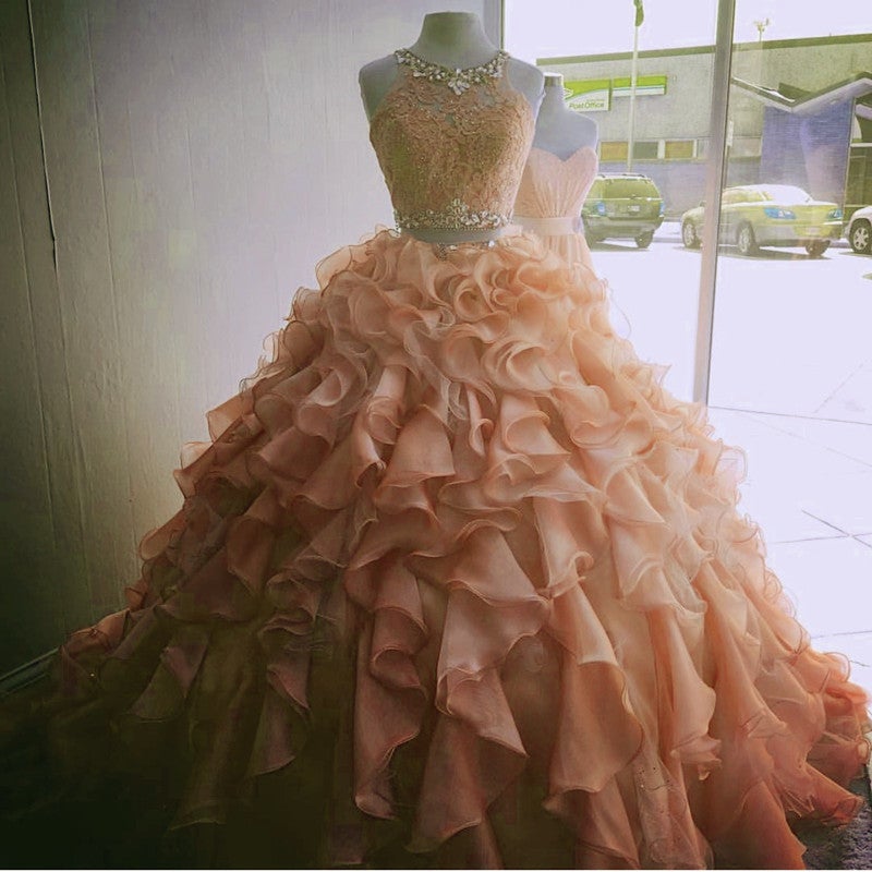 Two Piece Quinceanera Dresses Ball Gowns Organza Layered With Lace Crop Two Piece Quinceanera Dresses Ball Gowns Organza Layered With Lace Crop