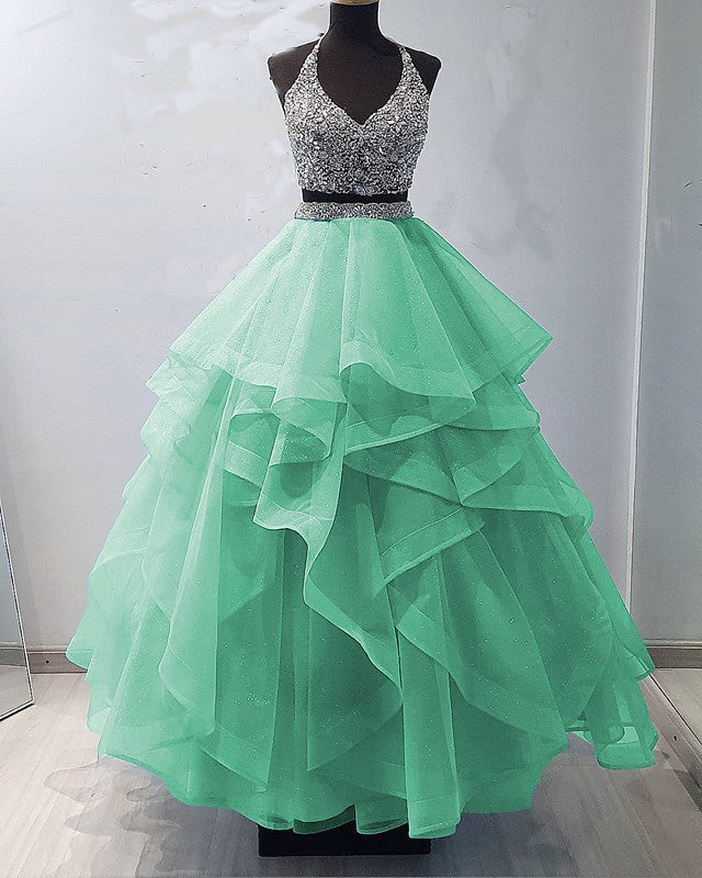mint green quince dresses Two Piece Quinceanera Dresses Ruffles Ball Gown