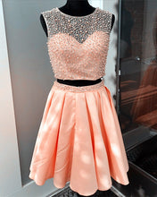 Load image into Gallery viewer, Two Piece Satin Homecoming Dresses Pearl Beaded Cocktail Dress
