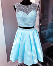 Load image into Gallery viewer, Two Piece Satin Homecoming Dresses Pearl Beaded Cocktail Dress
