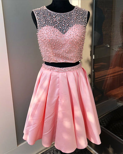 Two Piece Satin Homecoming Dresses Pearl Beaded Cocktail Dress-alinanova