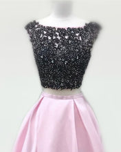 Load image into Gallery viewer, Black Lace Beaded Two Piece Satin Prom Dresses
