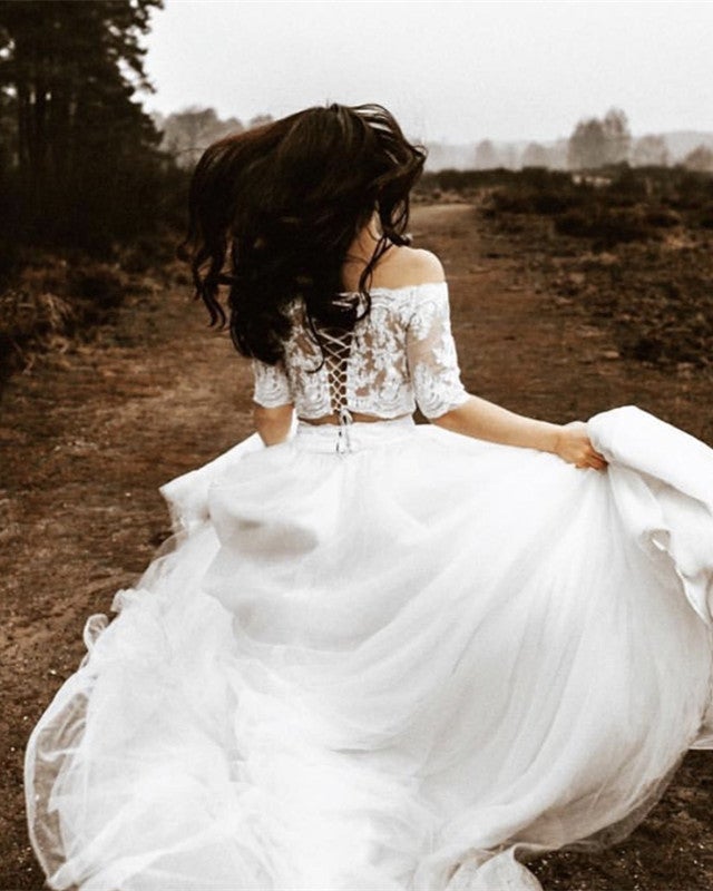 Two Piece Wedding Dress Elegant Boho Lace Crop Two Piece Wedding Dress Elegant Boho Lace Crop