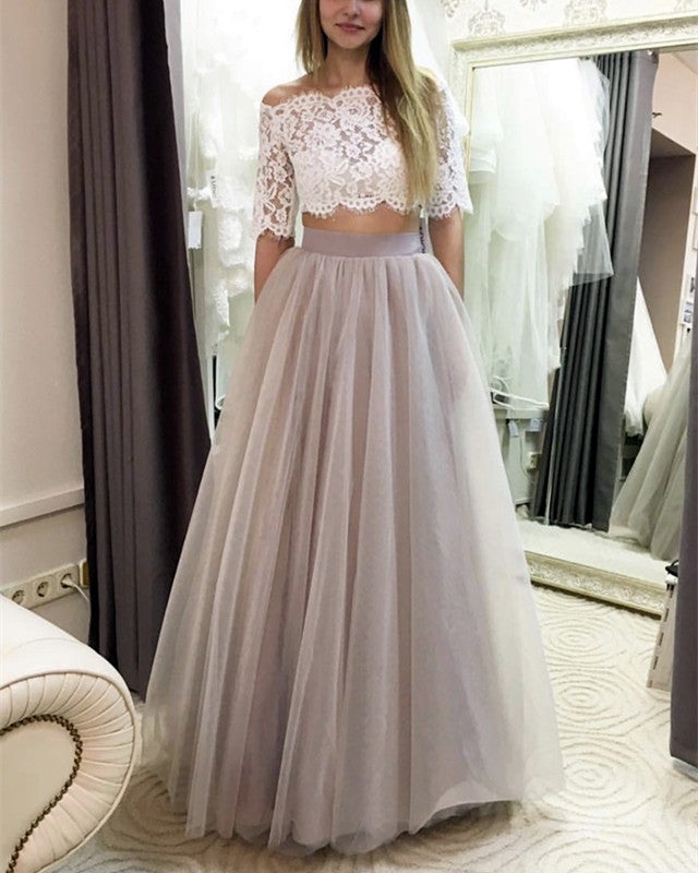 Two Piece Wedding Dresses Tulle Floor Length With Lace Crop Two Piece Wedding Dresses Tulle Floor Length With Lace Crop