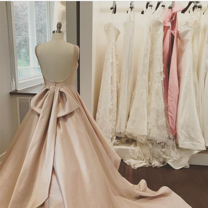 Unique Bow Back Satin Princess Wedding Dresses Pink-alinanova
