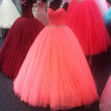 Load image into Gallery viewer, Unique Cross Back Design Tulle Coral Quinceanera Dresses Ball Gowns Crystal Beading
