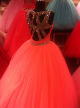 Load image into Gallery viewer, Unique Cross Back Design Tulle Coral Quinceanera Dresses Ball Gowns Crystal Beading
