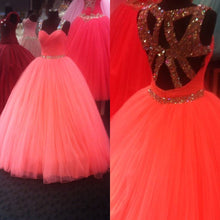 Load image into Gallery viewer, Unique Cross Back Design Tulle Coral Quinceanera Dresses Ball Gowns Crystal Beading-alinanova
